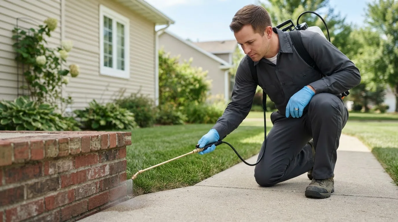 Pest control technician treating a home near Ogilvie, MN