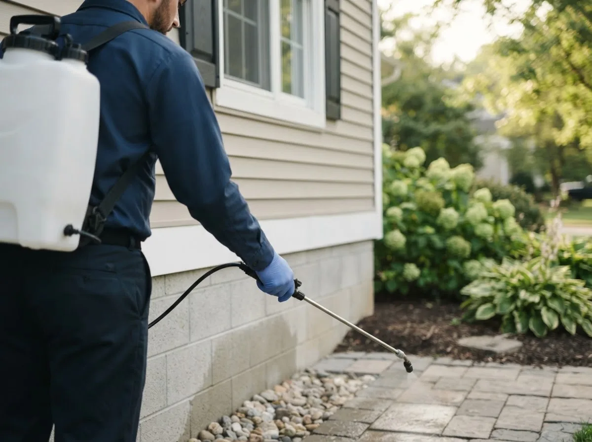 Pest control technician inspecting a home in Ogilvie, MN